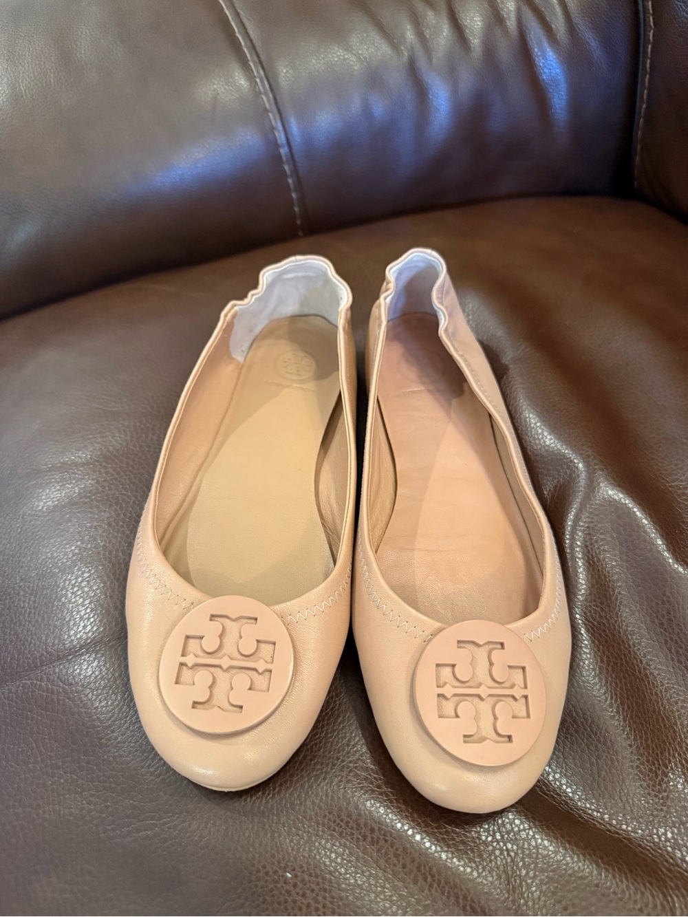 Tory Burch Blush Leather Logo Ballet Flats